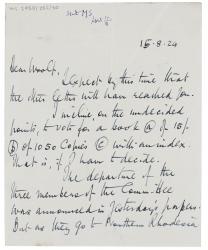 handwritten letter from Norman Leys to Leonard Woolf (15/08/1924) page 1 of 2
