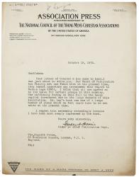 Image of typescript letter from Association Press publication department of the National Council of the Young Men's Christian Associations to The Hogarth Press (19/10/1925) page 1 of 1