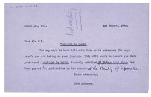 Image of typescript letter from John Lehmann to Ahmed Ali (02/08/1940)  page 1 of 1