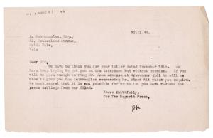 Image of typescript letter from Barbara Hepworth to A. Subramaniam (15/11/1944) page 1 of 1