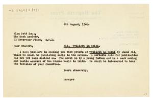 Image of typescript letter from Norah Nicholls to the Book Society (08/08/1940)  page 1 of 2