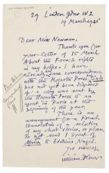 Image of handwritten letter from William Plomer to Cherrell Newman (19/03/1946) page 1 of 1