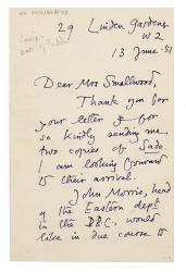 Image of handwritten letter from William Plomer to Norah Smallwood (13/06/1951) page 1 of 2