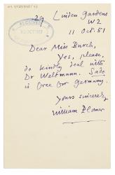 Image of handwritten letter from William Plomer to Aline Burch (11/10/1951)