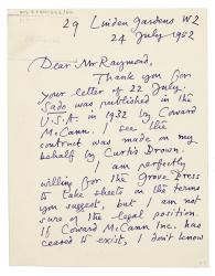 Image of handwritten letter from William Plomer to Harold Raymond (24/07/1952)  page 1 of 2