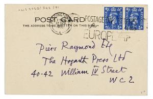 Image of handwritten postcard from William Plomer to Piers Raymond (12/09/1952) page 1 of 2