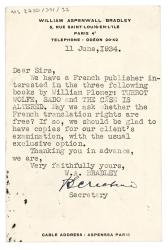 Image of a Postcard on behalf of William Aspenwall Bradley to The Hogarth Press (11/06/1934) 