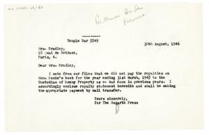 Image of typescript letter from The Hogarth Press to Jenny Bradley (30/08/1946) page 1 of 1 