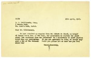 Image of typescript letter on yellow paper from Cherrell Newman to Samuel Solomonovich Koteliansky (25/04/1947) page 1 of 1 
