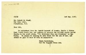 Image of typescript letter from Cherrell Newman to Robert de Graaf (01/05/1947) page 1 of 1