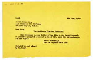 Image of typescript letter on bright yellow paper from Leonard Woolf to Pocket Books Inc (04/06/1947)