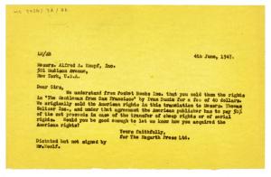 Image of typescript letter on bright yellow paper from Leonard Woolf to Alfred A. Knopf Inc (04/06/1947) page 1 of 1 