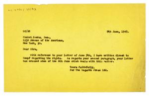 Image of typescript letter on bright yellow paper from Leonard Woolf to Pocket Books Inc (09/06/1947) page 1 of 1