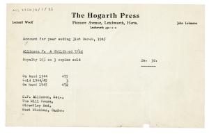 Image of typescript statement of accounts from The Hogarth Press to Francesca Allinson (March 1945) page 1 of 1