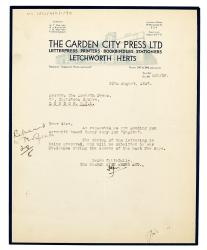 Image of typescript letter from The Garden City Press to The Hogarth Press (10/08/1937)  page 1 of 1