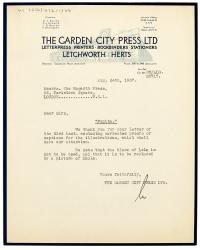 Image of typescript letter from The Garden City Press to The Hogarth Press (24/08/1937) page 1 of 1
