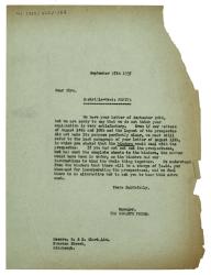 Image of typescript letter from The Hogarth Press to R. & R. Clark (27/09/1937) page 1 of 1