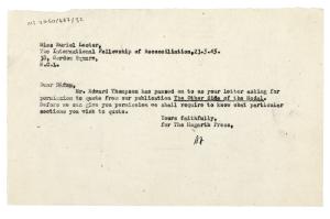 Image of typescript letter from Barbara Hepworth to the International Fellowship of Reconciliation (23/05/1945) page 1 of 1