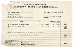 Image of typescript royalty Statement from Harcourt Brace Company Inc to the Hogarth Press (25/10/1933) page 1 of 1