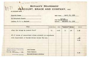 Image of typescript royalty Statement from Harcourt Brace Company Inc to the Hogarth Press (25/04/1936) page 1 of 1