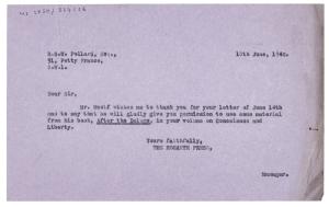 Image of typescript letter from The Hogarth Press to Robert S. W. Pollard (18/06/1940) page 1 of 1 