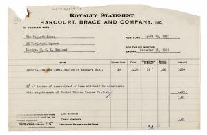Image of typescript royalty Statement of Harcourt, Brace and Company in account with the Hogarth Press (for the six months ending 31/12/1930) page 1 of 1