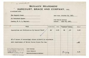 Image of typescript royalty Statement of Harcourt, Brace and Company in account with the Hogarth Press (for the six months ending 30/06/1931) page 1 of 1