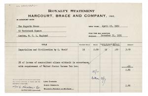 Image of typescript royalty Statement of Harcourt, Brace and Company in account with the Hogarth Press (for the six months ending 31/12/1931) page 1 of 1