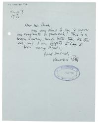 Image of handwritten letter from Vanessa Bell to Aline Burch (03/03/1950) page 1 of 1