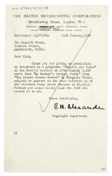 Image of a Letter from British Broadcasting Corporation to Hogarth Press (25 Jan 1946 - 01 Feb 1946) 