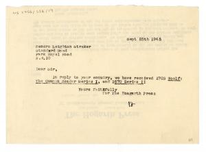 Image of typescript letter from Barbara Hepworth to Percy Lund Humphries & Company (25/09/1945) page 1 of 2 