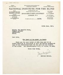 image of typescript letter from the National Institute of the Blind to the Hogarth Press (19/06/1942)  page 1 of 1