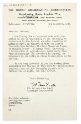 Image of typescript letter from the British Broadcasting Corporation to John Lehmann (03/12/1945) page 1 of 1