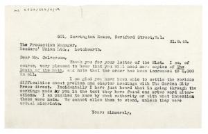 Image of typescript letter from John Lehmann to the Readers Union Ltd (31/08/1943) page 1 of 1