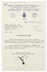 Image of typescript letter from The Garden City Press to John Lehmann (16/12/1943) page 1 of 1