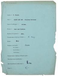 Image of typescript printing and binding information for a run of the Uniform Edition of Night and Day typed on blue paper with handwritten annotation page 1 of 1