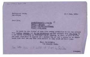 Image of typescript letter from The Hogarth Press to Cambridge University Press (21/06/1940) page 1 of 1