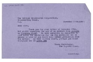 Image of tyepscript letter from Winifred Perkins to The British Broadcasting Corporation (BBC) page 1 of 1
