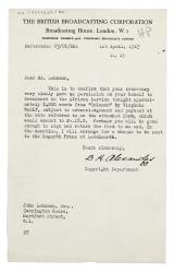 Image of a Letter from The British Broadcasting Corporation (BBC) to John Lehman (01/04/1943) 