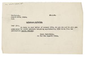 Image of typescript letter from The Hogarth Press to The British Broadcasting Corporation (BBC) (26/01/1944) page 1 of 1