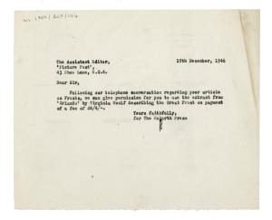 Image of typescript letter from The Hogarth Press to 'Picture Post' (19/12/1946) page 1 of 1