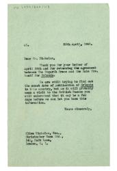 Image of typescript letter from Alicia Lynn to Christopher Mann Management Ltd (30/04/1952) page 1 of 1