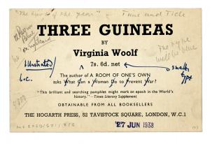 Image of typescript advertisement card for Three Guineas  (27/06/1938) page 1 of 2