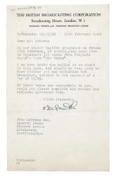 Image of a Letter from The BBC (British Broadcasting Corporation) to John Lehmann (10/02/1943)