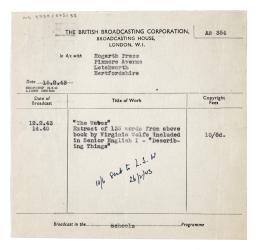 Image of a Copyright fee statement from The BBC (British Broadcasting Corporation) to The Hogarth Press (15/02/1943)