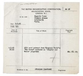 Image of a Copyright fee statement from The BBC (British Broadcasting Corporation) to The Hogarth Press (04/01/1945)