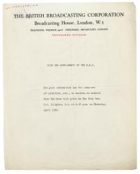 Image of a Notice from the British Broadcasting Corporation (BBC) regarding extract from Rev. C. A. Alington book talk regarding The Years
