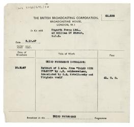 Image of a BBC broadcasting fee relating to Talks with Tolstoy (08/10/1947)