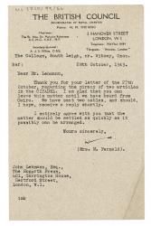 Image of typescript letter from The British Council to John Lehmann (28/10/1943) page 1 of 1