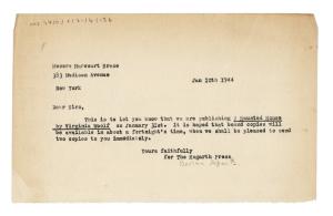 Image of typescript letter from Barbara Hepworth to Harcourt, Brace and Company (10/01/1944) page 1 of 1